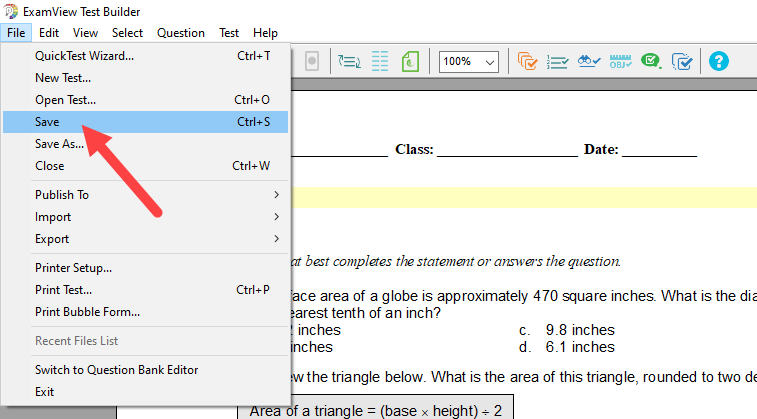 ExamView File menu with Save option identified as described