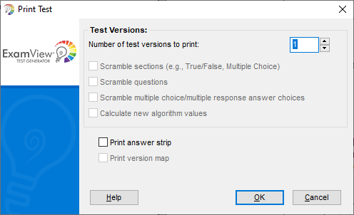 ExamView Print Test options as described