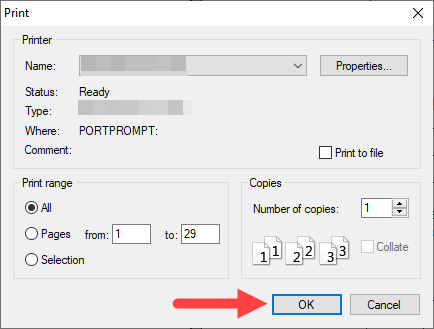 ExamView Printer options and OK button identified as described