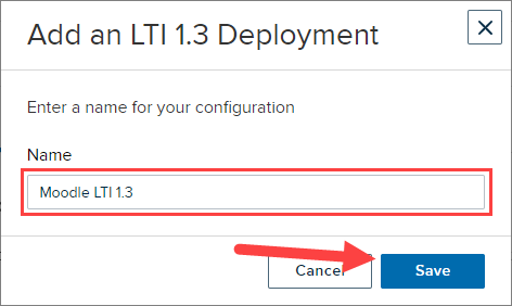 LTI 1.3 configuration with name box and save button identified as described