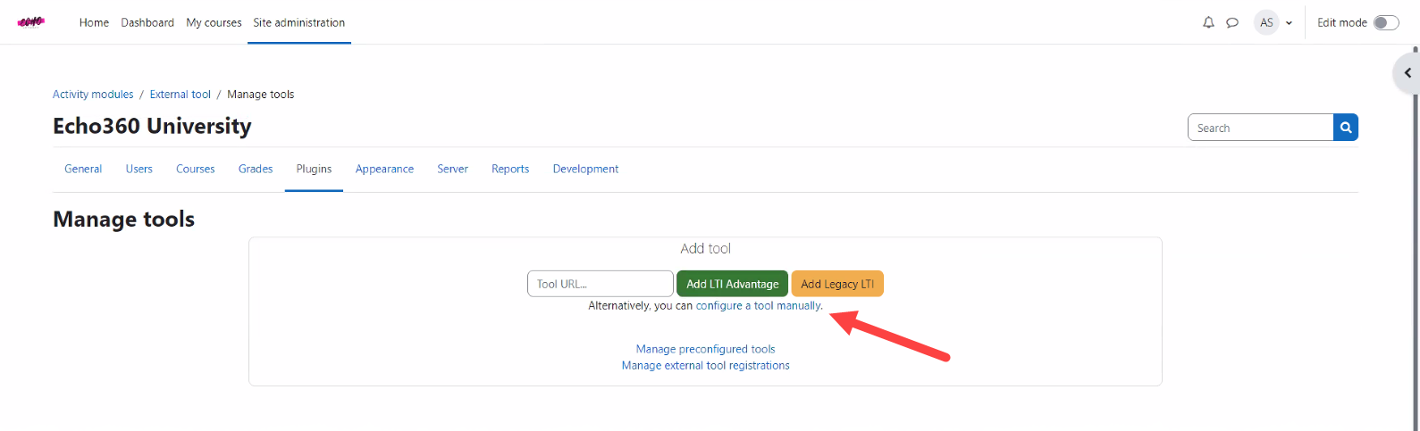 Moodle Manage tools with configure a tool manually link identified as described