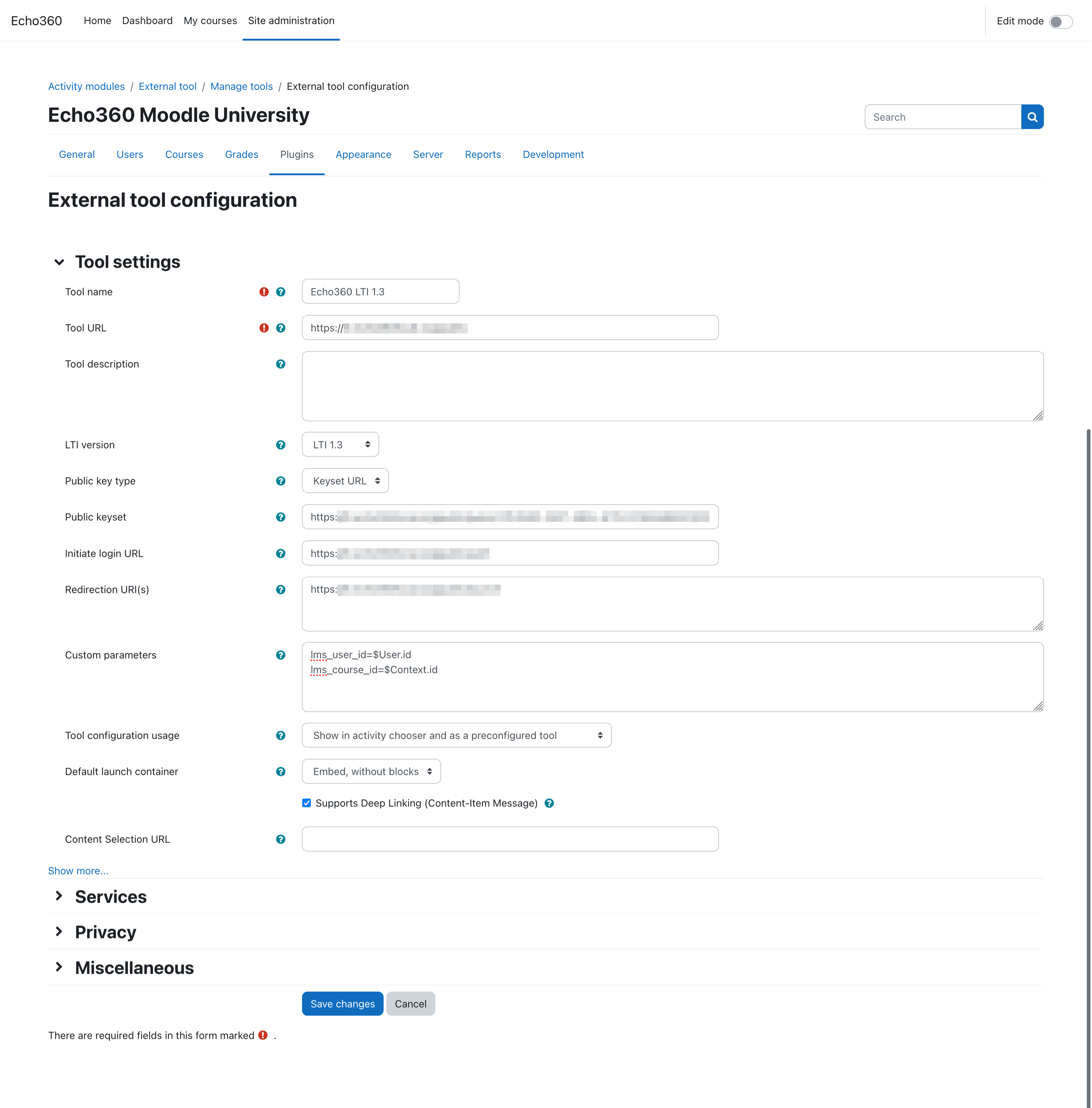 Moodle External tool configuration page as described