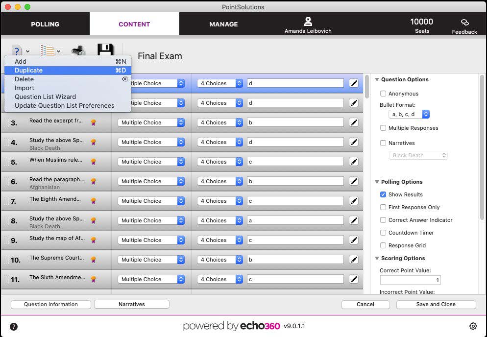 PointSolutions Question List open with Duplicate highlighted from the Question dropdown as described