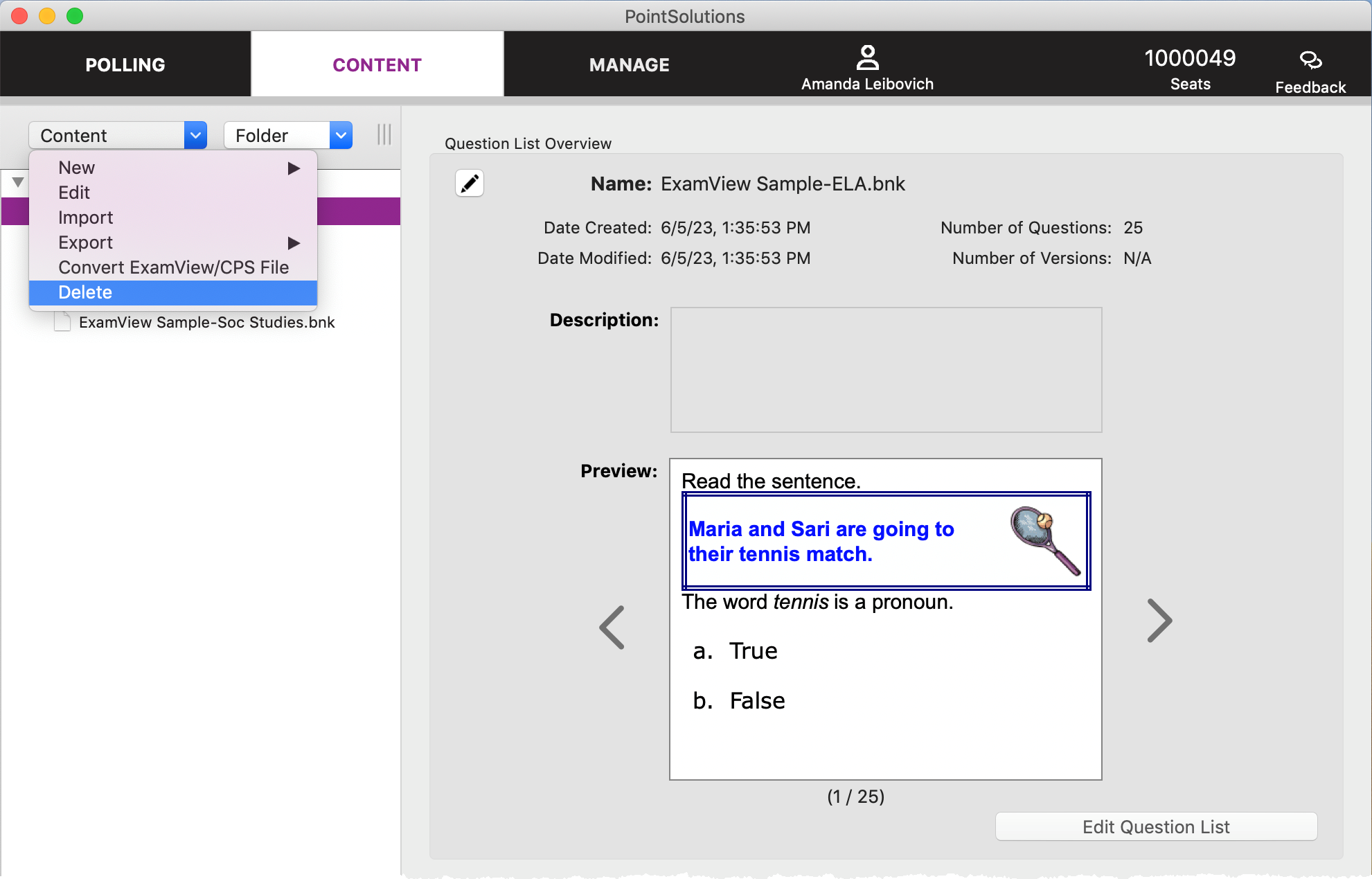 PointSolutions Content dashboard with Delete highlighted from the Content dropdown as described