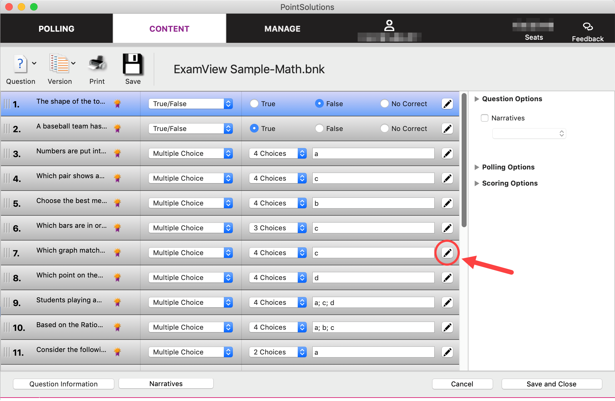 PointSolutions Question List open with Pencil icon to edit question identified as described