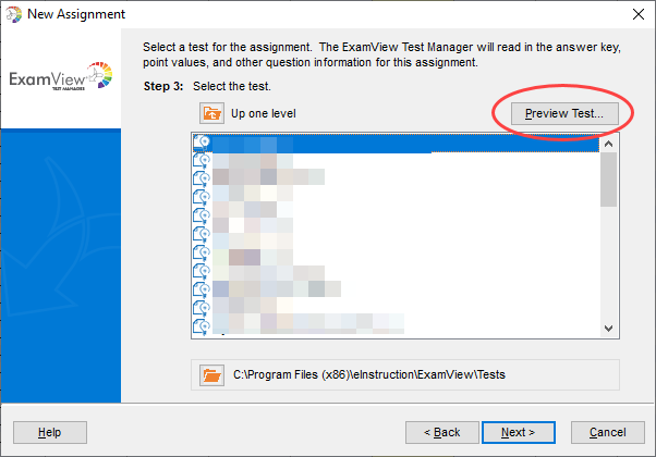 Test selection for new assignment with Preview Test button identified as described