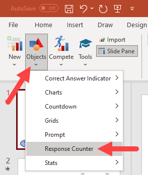 PowerPoint slide with Insert Object drop-down and Response Counter option identified as described
