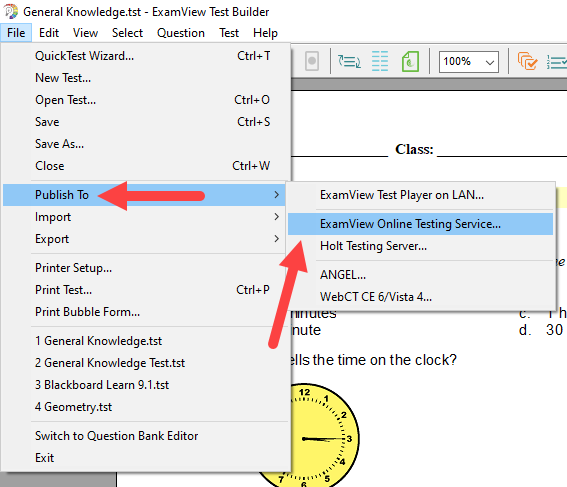 File > Publish To > ExamView Online Testing Service identified as described