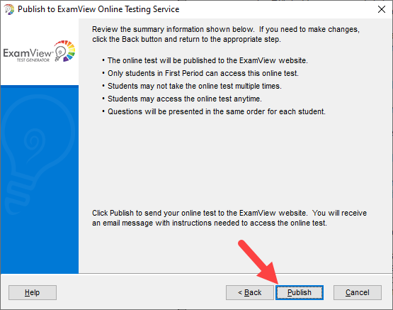 Publish to ExamView Online Testing Service Summary screen with Publish button identified as described