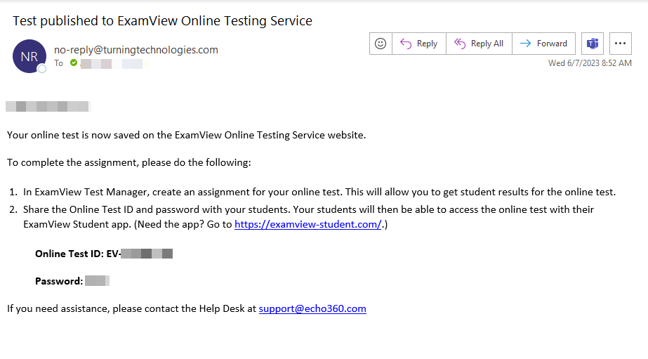 Test published to ExamView Online Testing Service email as described