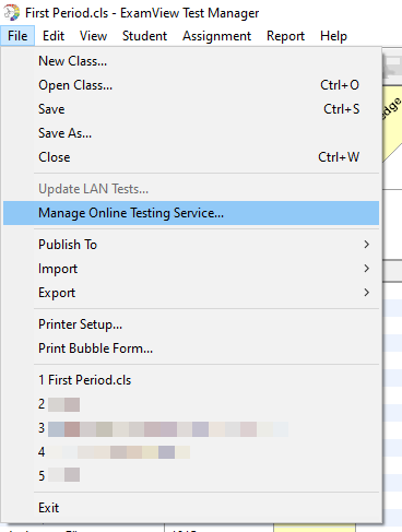 Test Manager File > Manage Online Testing Service as described