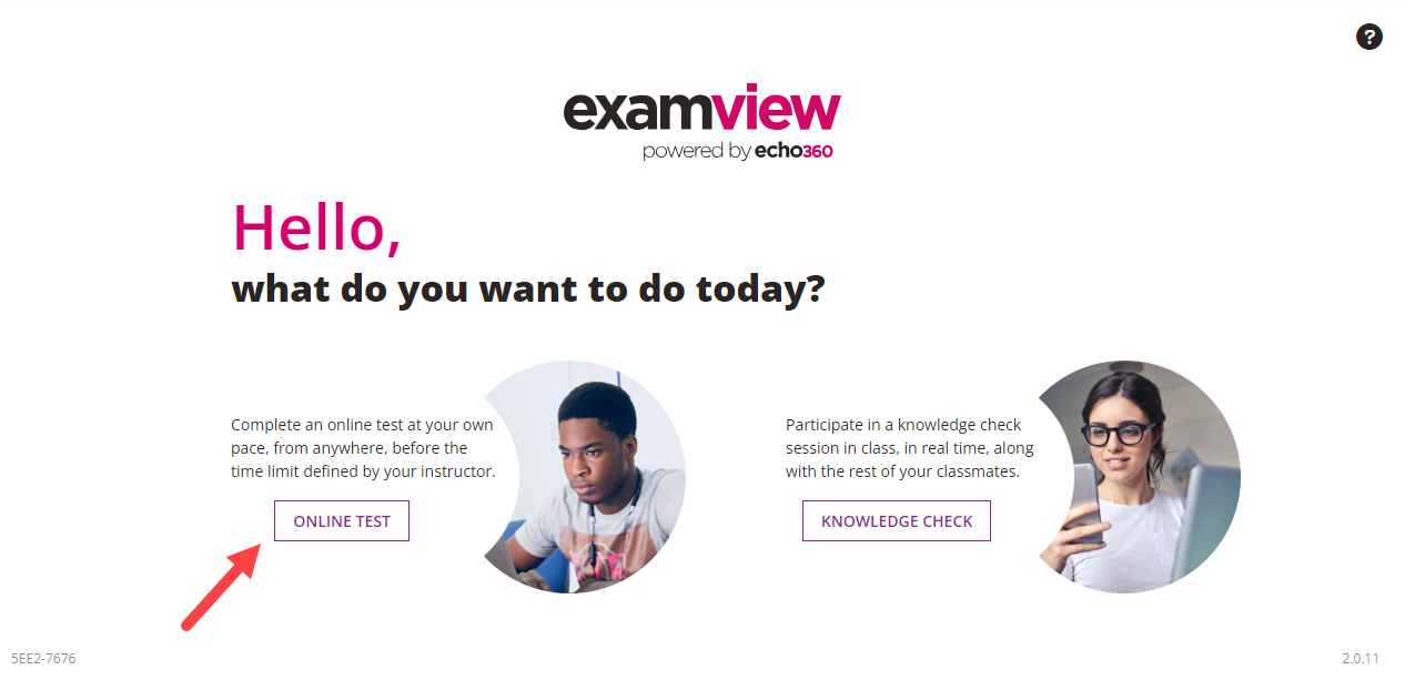 ExamView Student is open with Online Test button identified as described