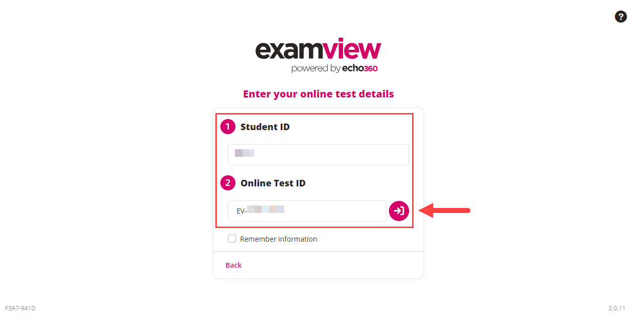 ExamView Student Student ID, Online Test ID, and Access button identified as described
