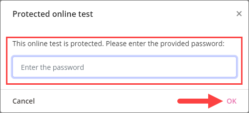 ExamView Student password box and OK button identified as described