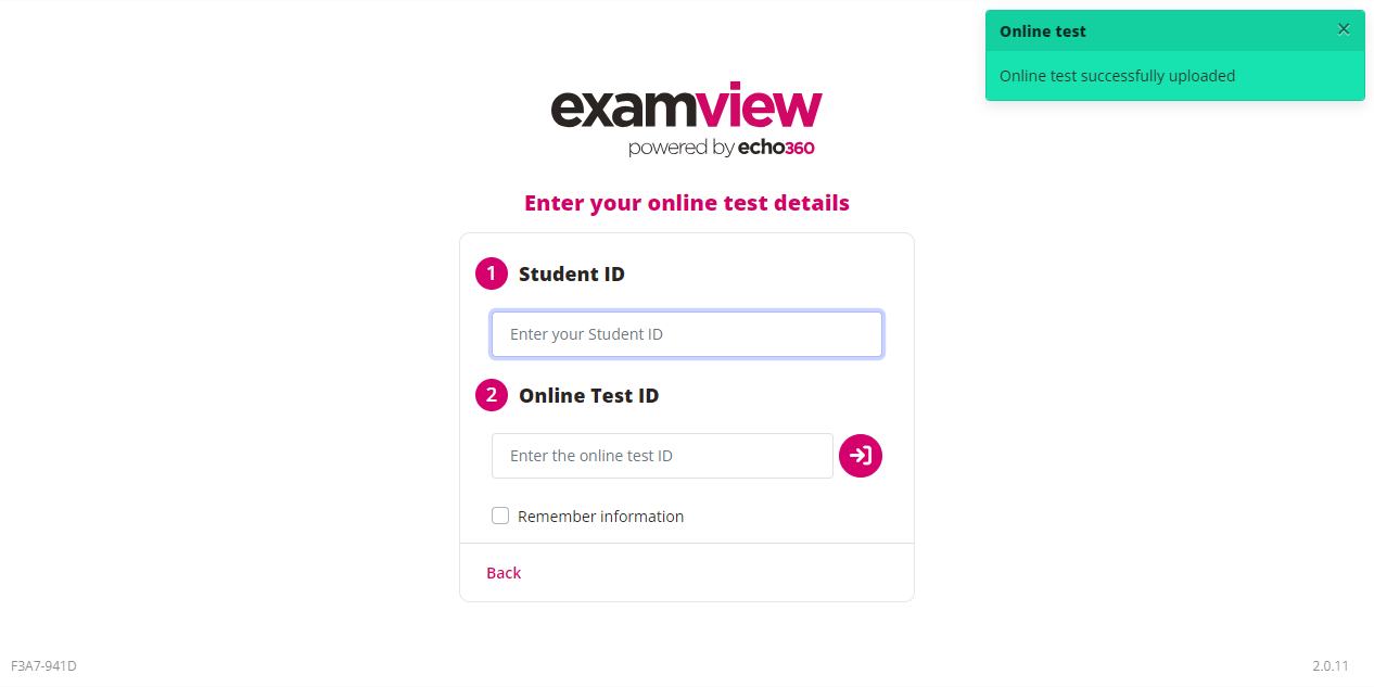 ExamView Student is open with Online test successfully uploaded message identified as described