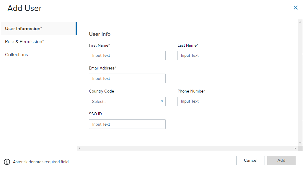 Add user details dialog box with fields for steps as described