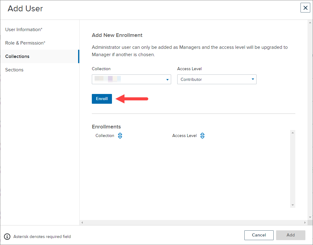 Add users modal showing enrollment options for steps as described