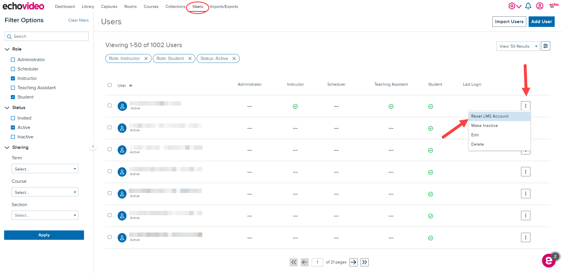 Users list with reset LMS account option in the Action Menu options shown for steps as described