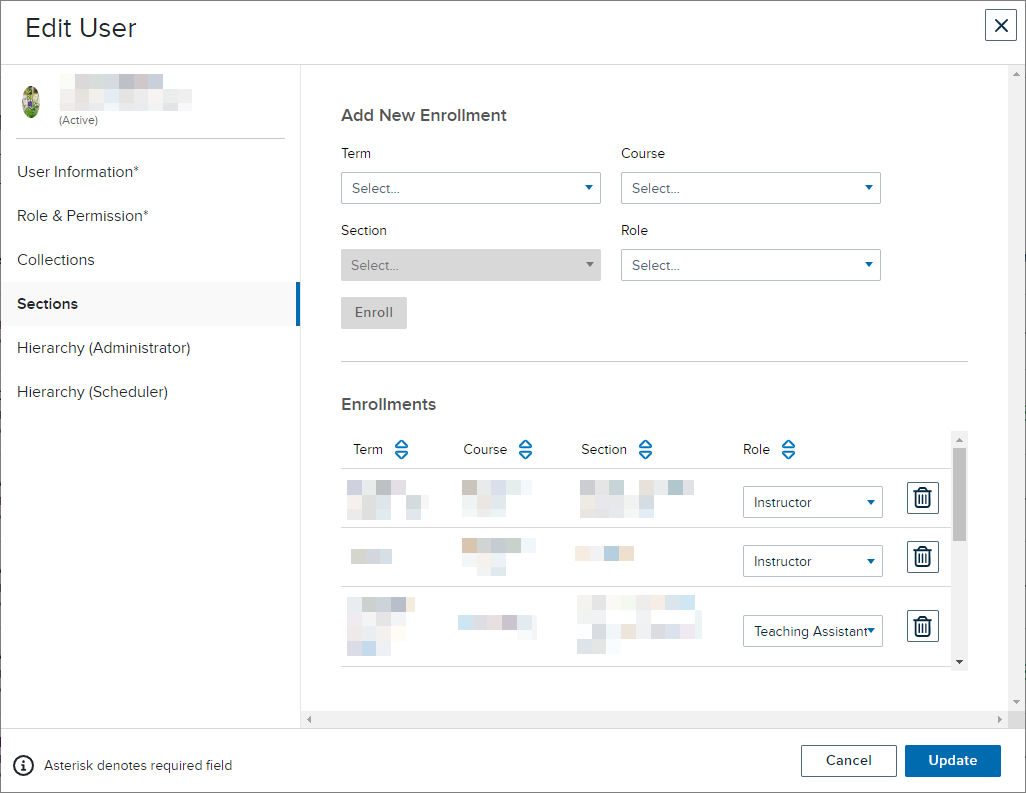 User enrollment list with sections and roles listed as described