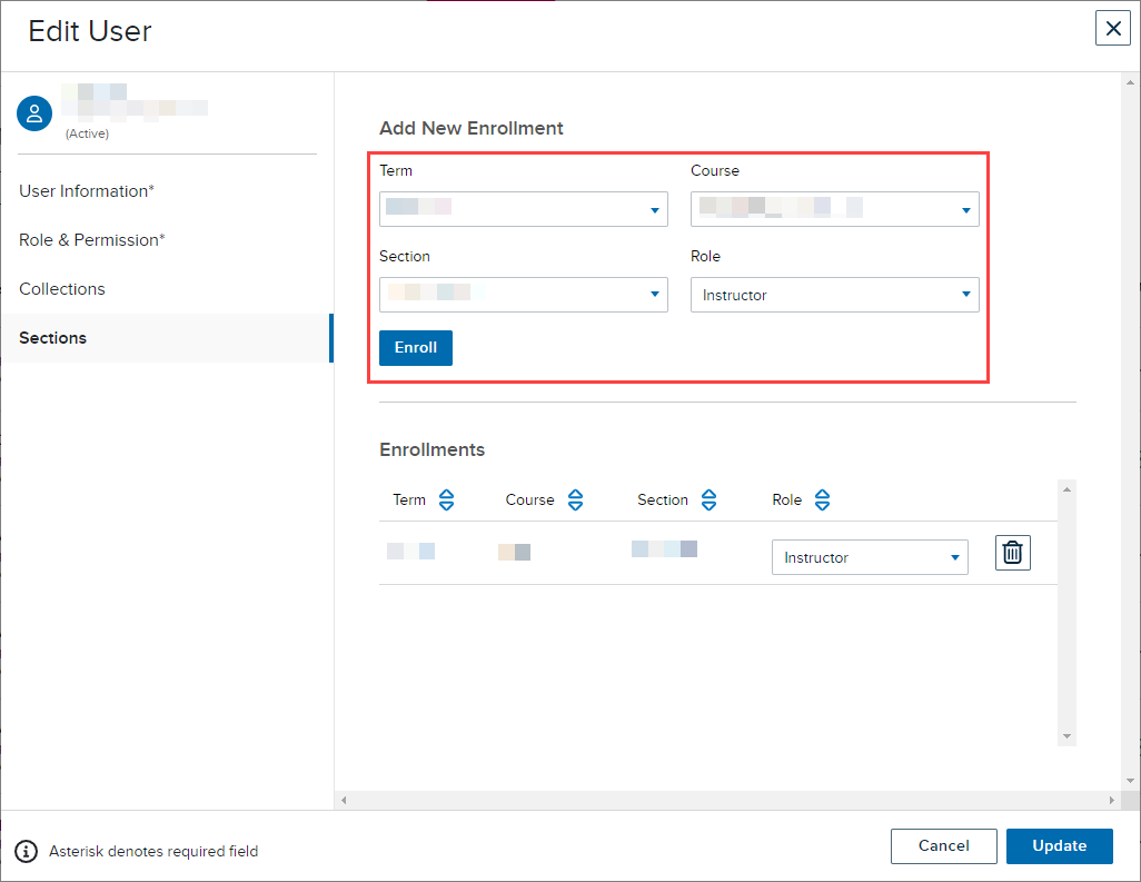 Enrollments list with term, course, section, and role drop-down lists identified for enrolling a user as described