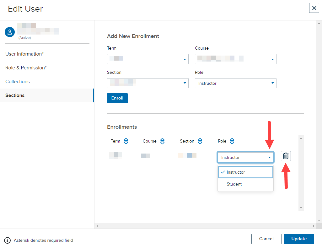 Enrollments list with section drop-menu open showing options and delete icon for steps as described