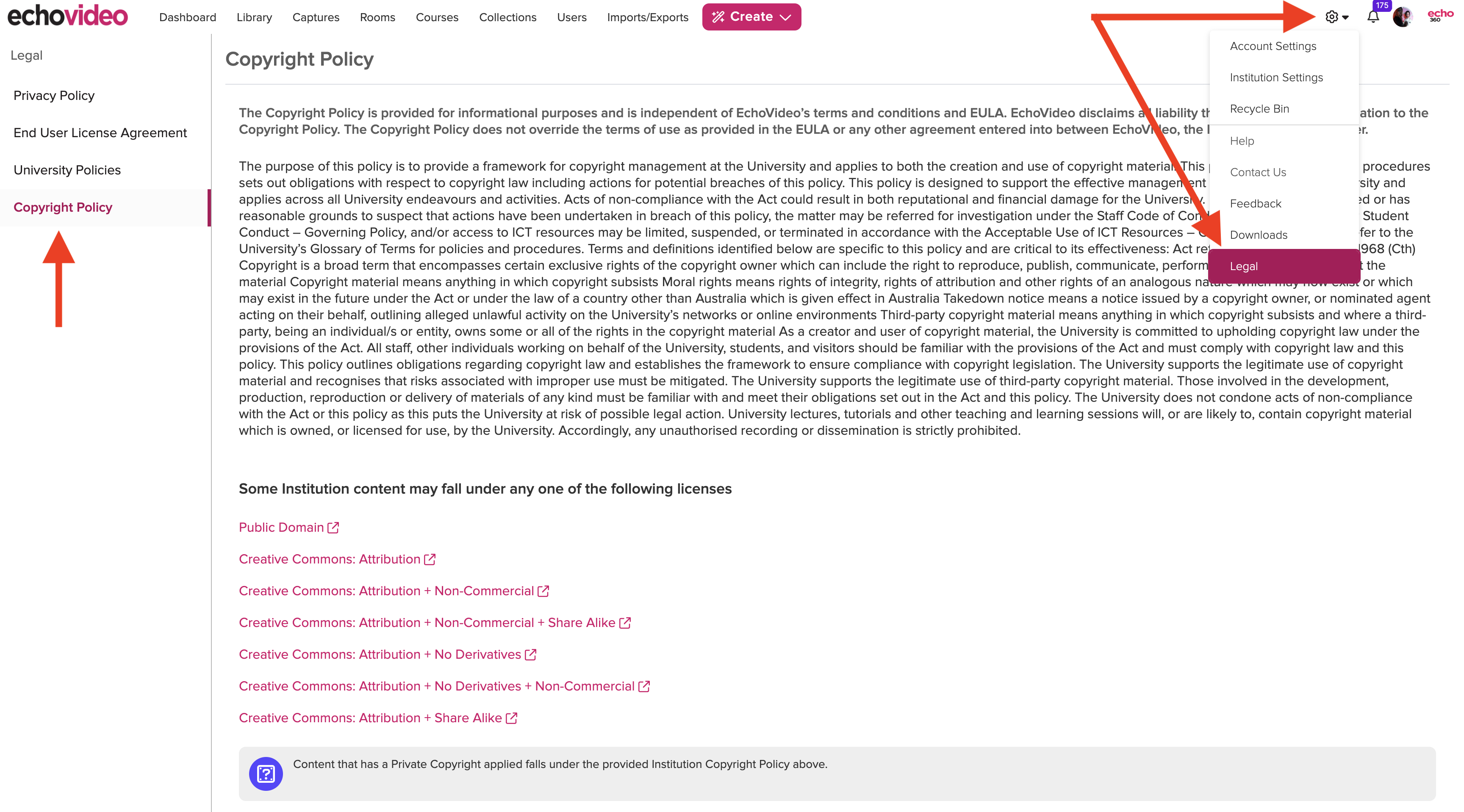 User view of Legal page with Copyright Policies tab shown as described