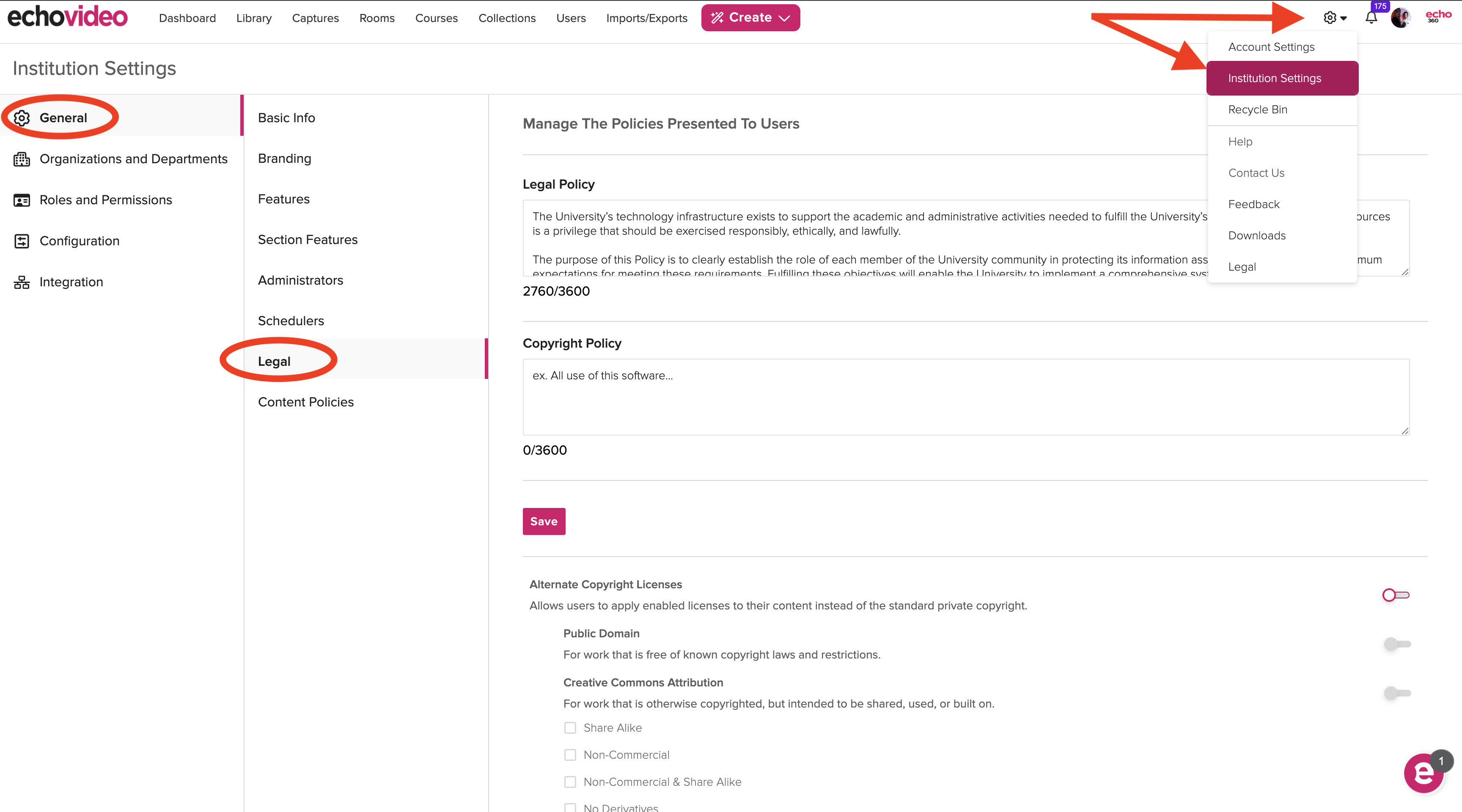 Legal tab of General tab of Institutional Settings page with text box shown as described