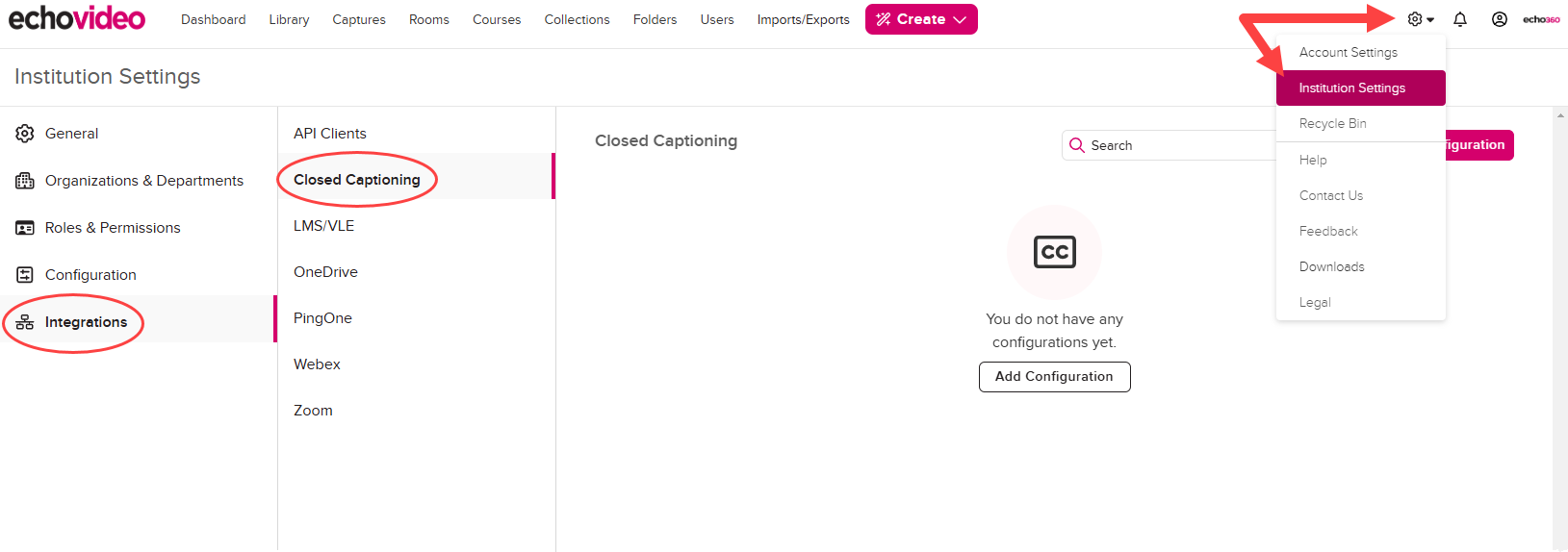 Institution Settings, Integrations, and Closed Captioning identified as described