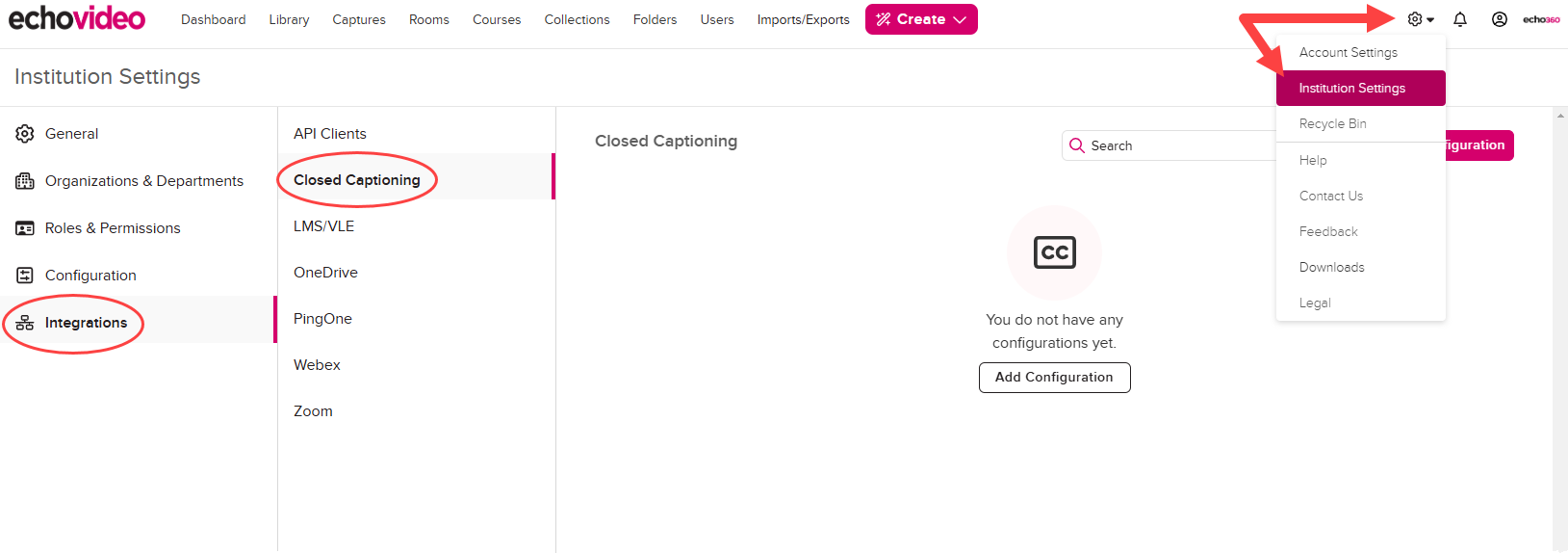 Arrows identifying Institution Settings, Integration, and Closed Captioning as described