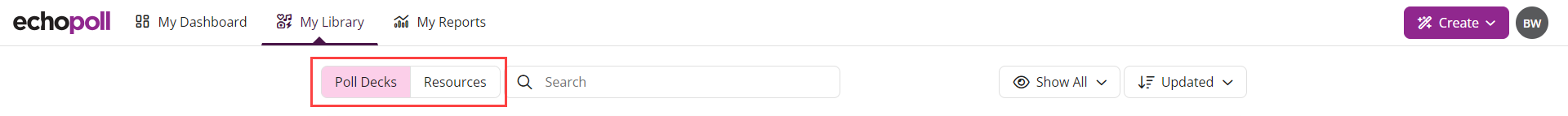 The top of the EchoPoll library with the Poll Decks and Resources tabs highlighted