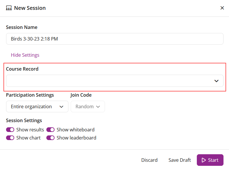 The EchoPoll New Session window with the Cours Record field highlighted.