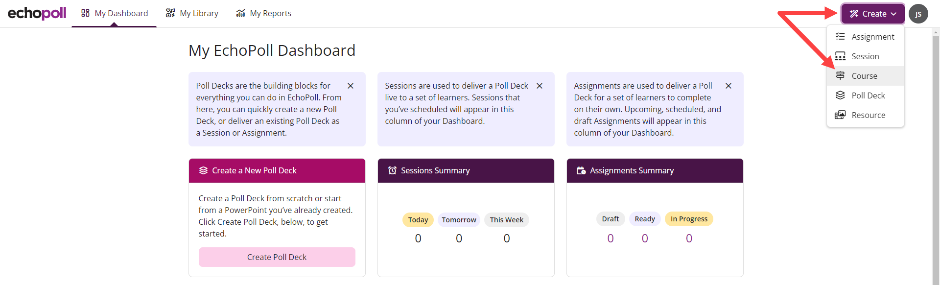 The EchoPoll My Dashboard with the Create menu highlighted and the Course option selected