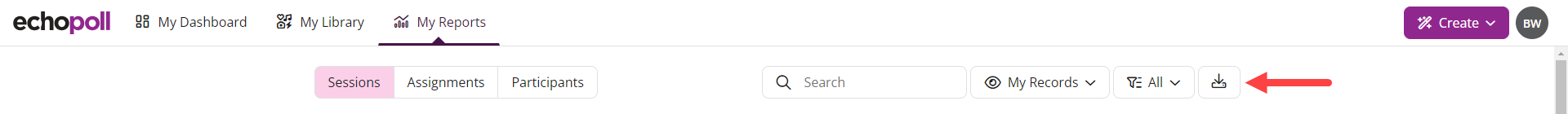 The EchoPoll My Reports tab showing the Sessions list with the download button highlighted