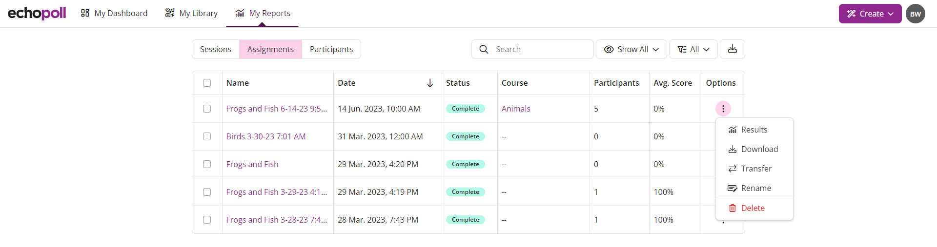 The EchoPoll My Reports tab showing the assignments list with the options expanded