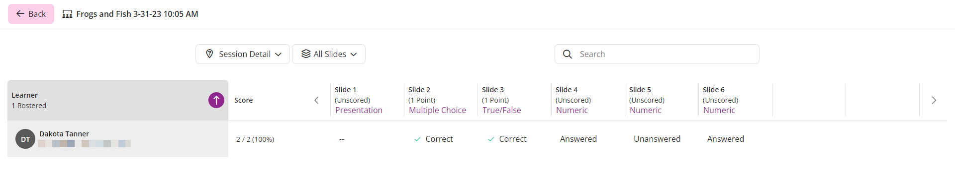 The EchoPoll session details page showing example learner, score, and slides columns