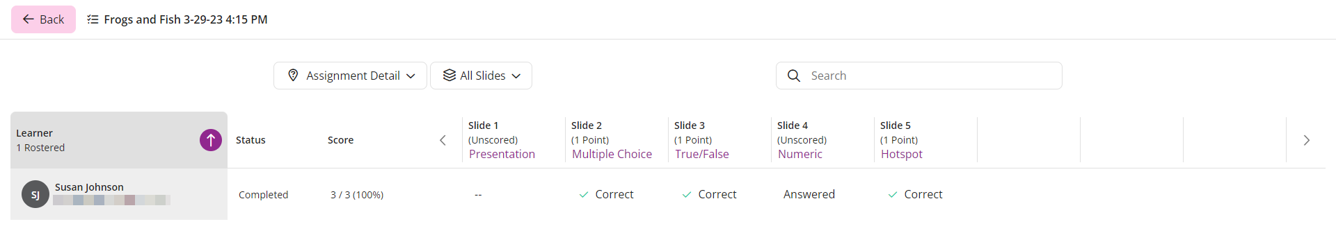 The EchoPoll assignment details page showing example learner, status, score, and slides columns