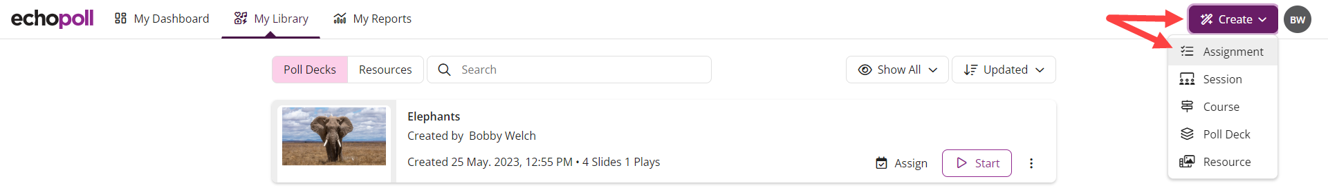 The EchoPoll library with the Create menu open and both the Create button and Assignment option identified
