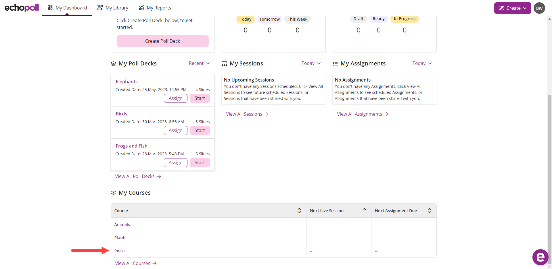 The EchoPoll My Dashboard page with a Course highlighted