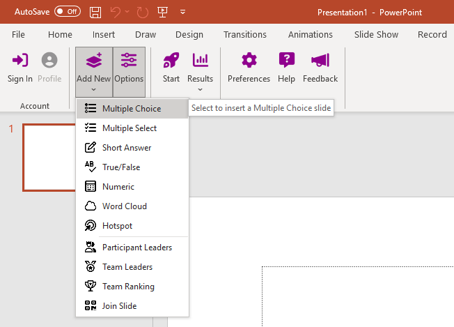 PowerPoint with Add New and Multiple Choice option identified as described
