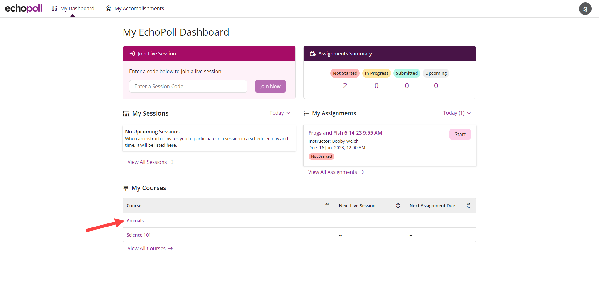 EchoPoll Student Dashboard with Course identified as described