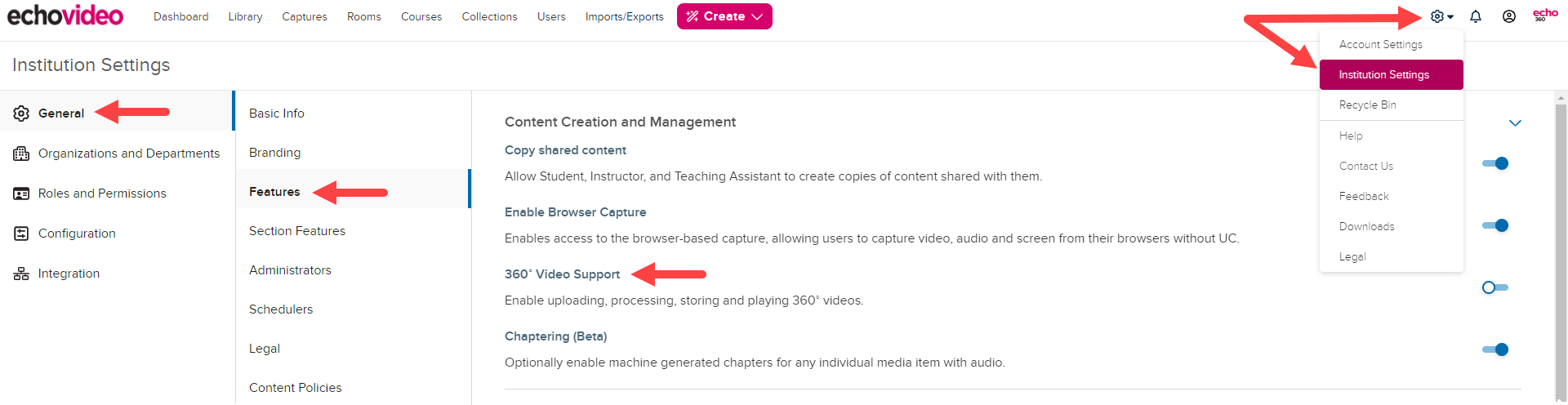 Institution Settings open to General and Features with the 360 Video toggle identified as described