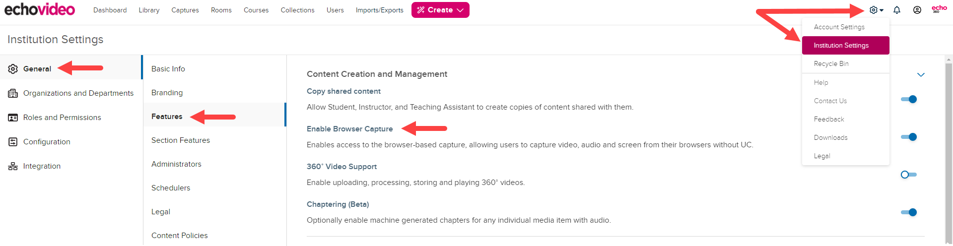 Institution Settings open to General and Features with the Browser Capture toggle identified as described