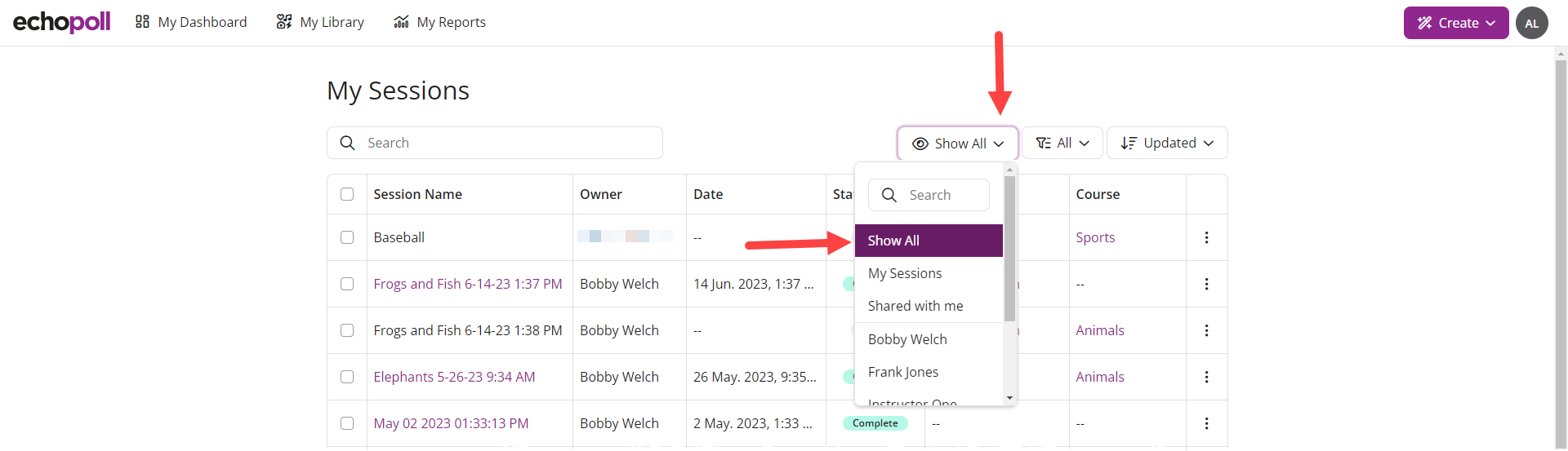 EchoPoll Sessions with dropdown selected and Show All chosen with all Sessions for the organization displayed as described