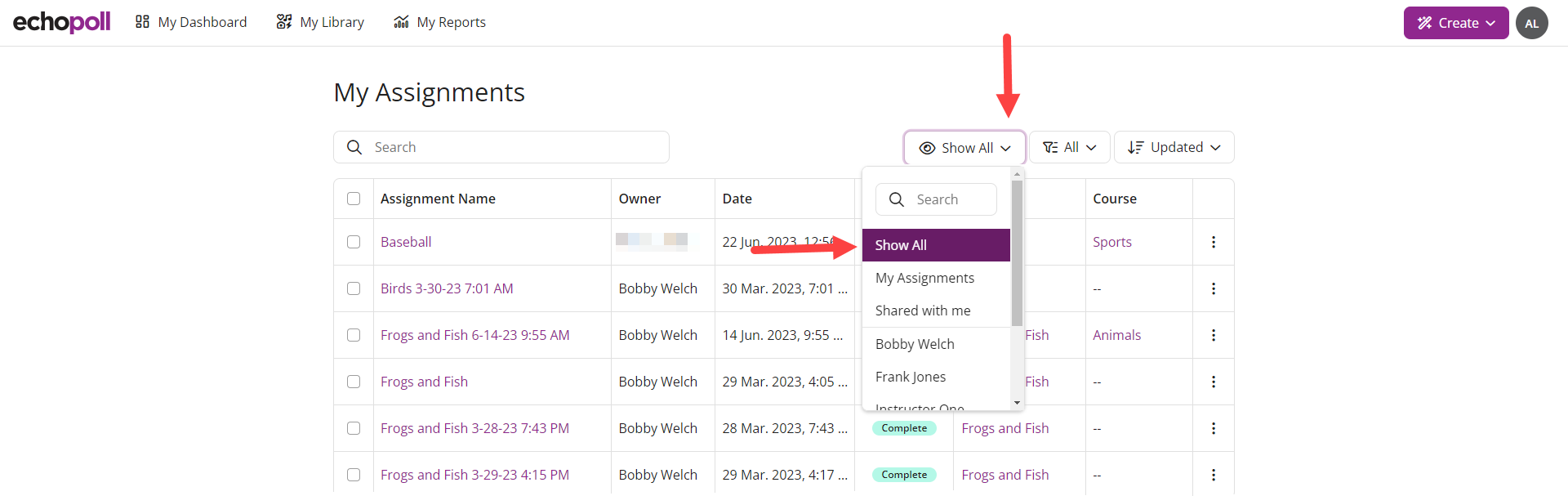 EchoPoll Assignments with dropdown selected and Show All chosen with all assignments for the organization displayed as described