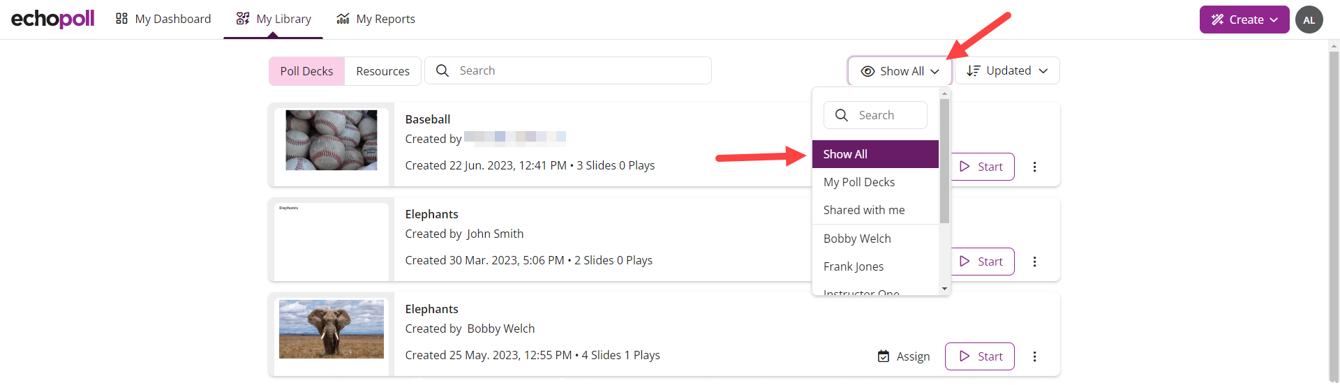 EchoPoll Poll Decks with dropdown selected and Show All chosen with all assignments for the organization displayed as described