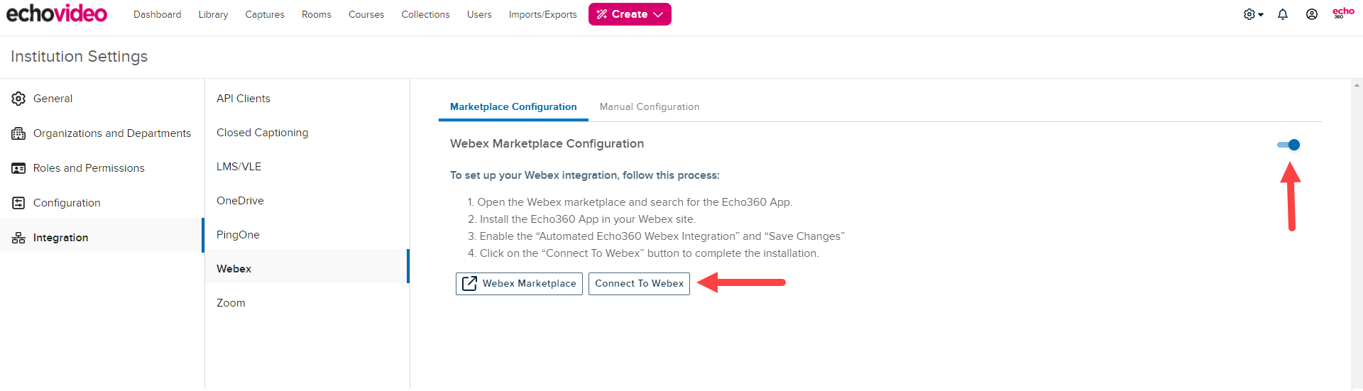 Webex Marketplace Configuration toggle enabled and Connect to Webex button identified as described