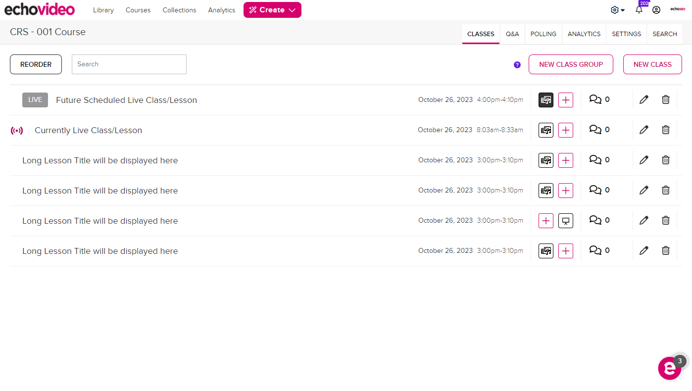 EchoVideo Classes tab in the Instructor view