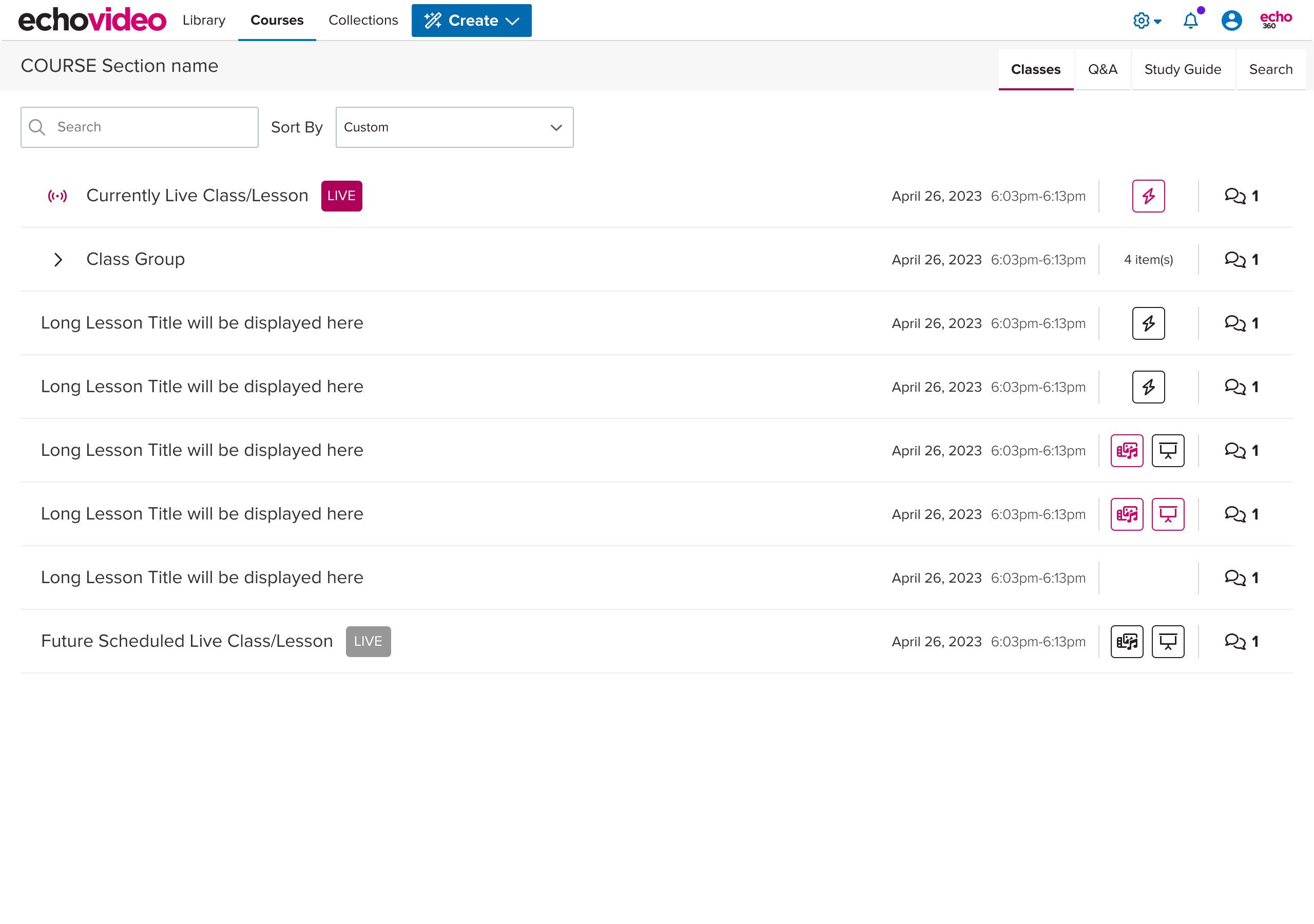 EchoVideo Classes tab in the Student view
