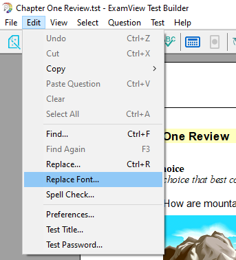 ExamView Test Generator Edit, Replace Font identified as described