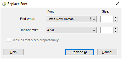 Replace Font box with Replace All button identified as described